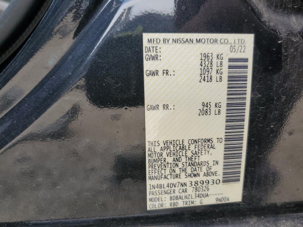 2022 Nissan Altima Sv VIN: 1N4BL4DV7NN389930 Lot: 63913435