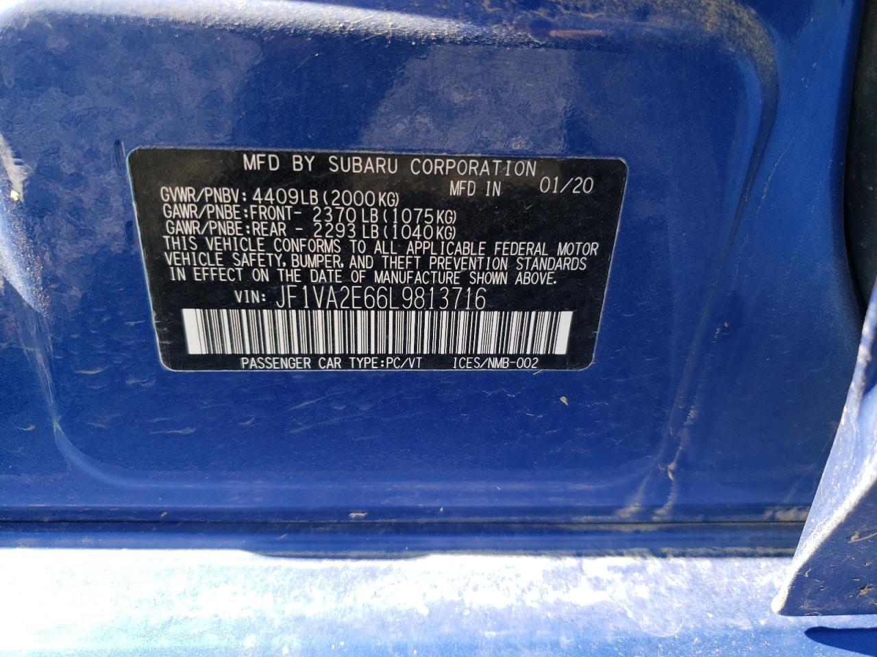 2020 Subaru Wrx Sti VIN: JF1VA2E66L9813716 Lot: 57090595