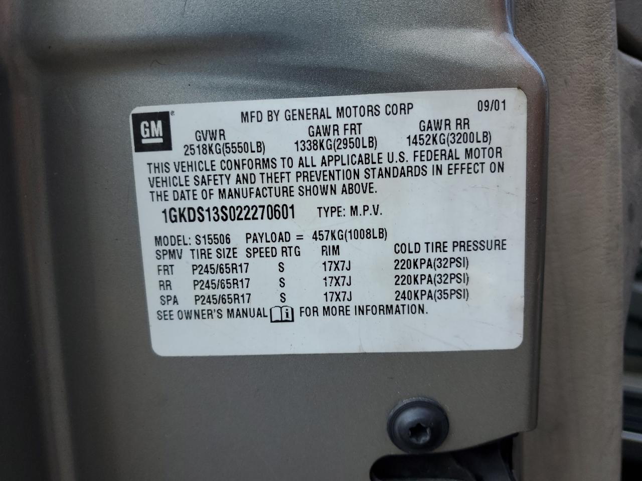 2002 GMC Envoy VIN: 1GKDS13S022270601 Lot: 63512445
