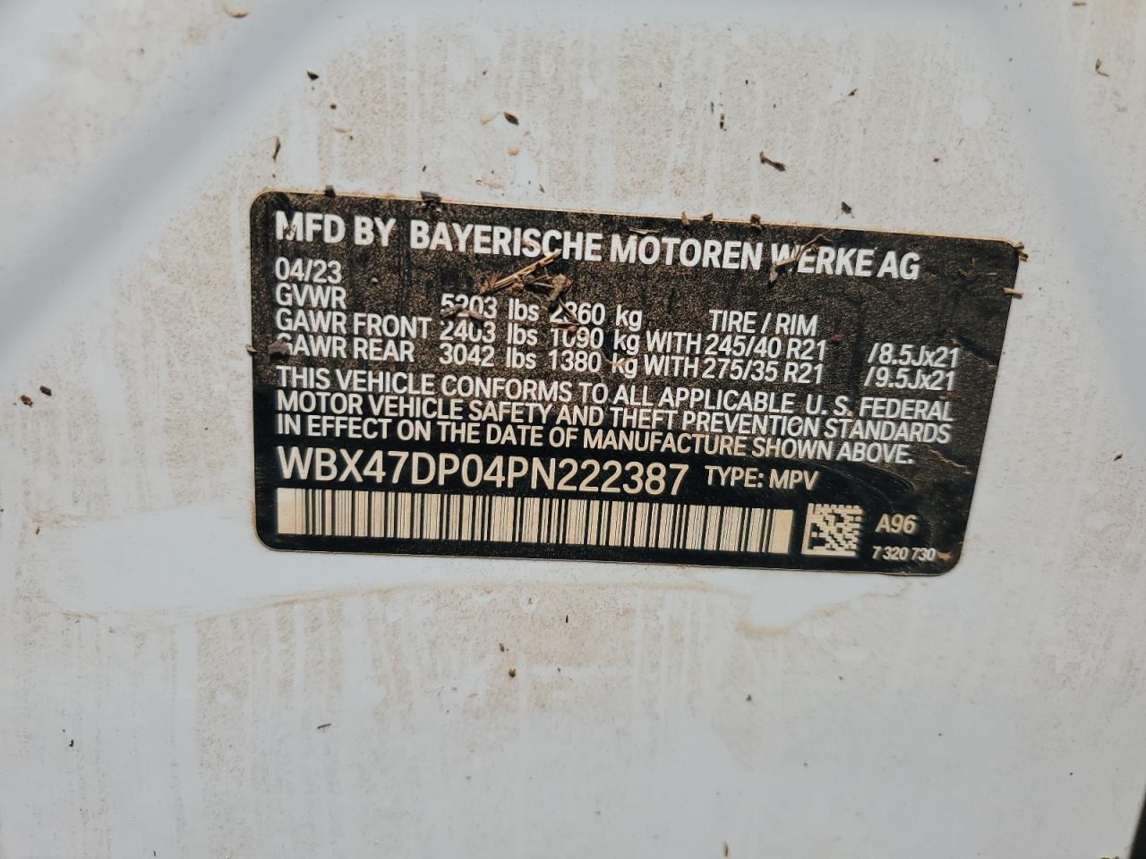 2023 BMW X3 Sdrive30I VIN: WBX47DP04PN222387 Lot: 63557375