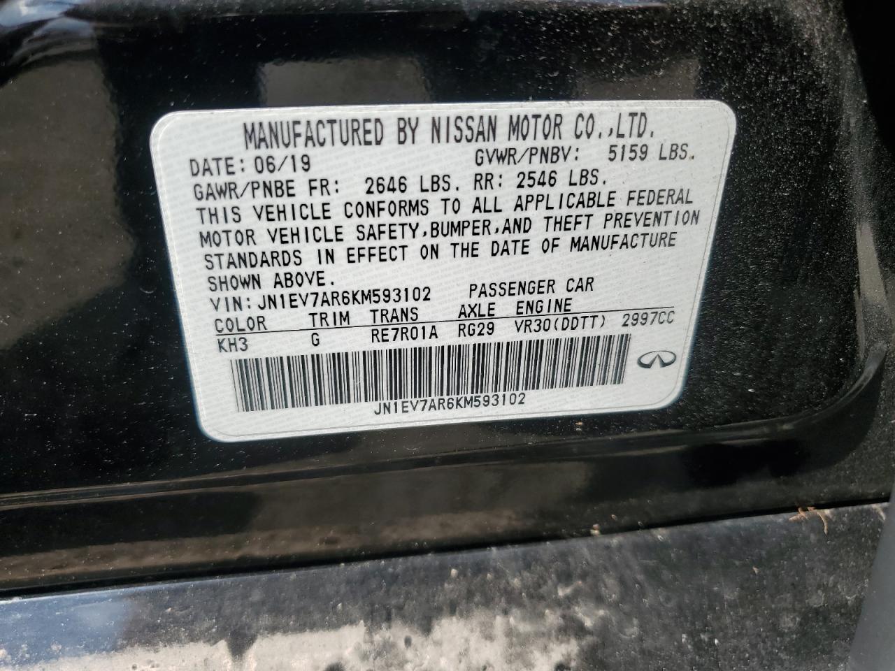 2019 Infiniti Q50 Luxe VIN: JN1EV7AR6KM593102 Lot: 63621365