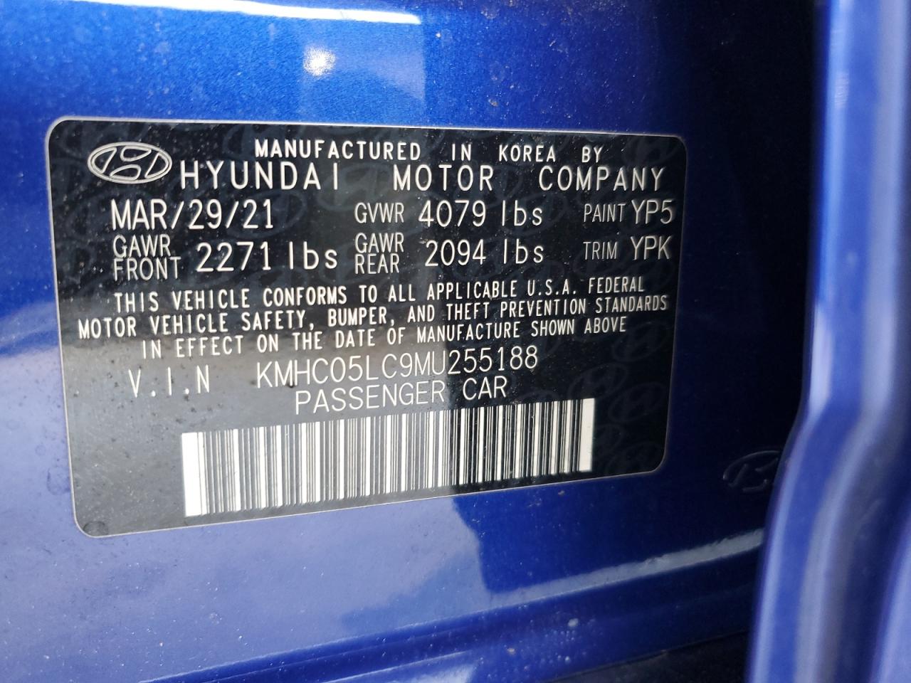 2021 Hyundai Ioniq Limited VIN: KMHC05LC9MU255188 Lot: 65061035