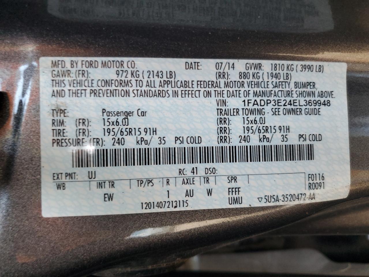 2014 Ford Focus S VIN: 1FADP3E24EL369948 Lot: 63762215