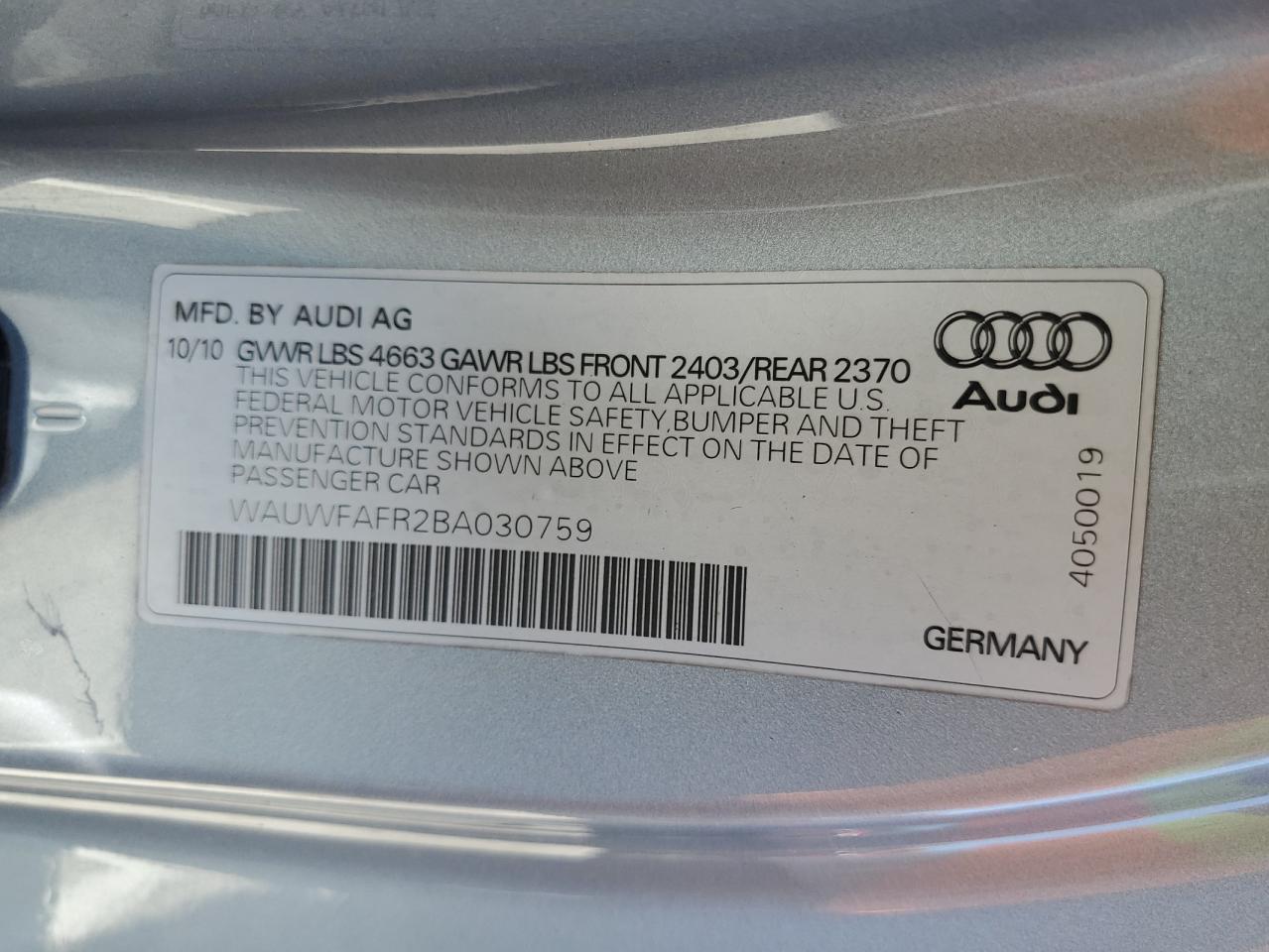 2011 Audi A5 Prestige VIN: WAUWFAFR2BA030759 Lot: 63750895