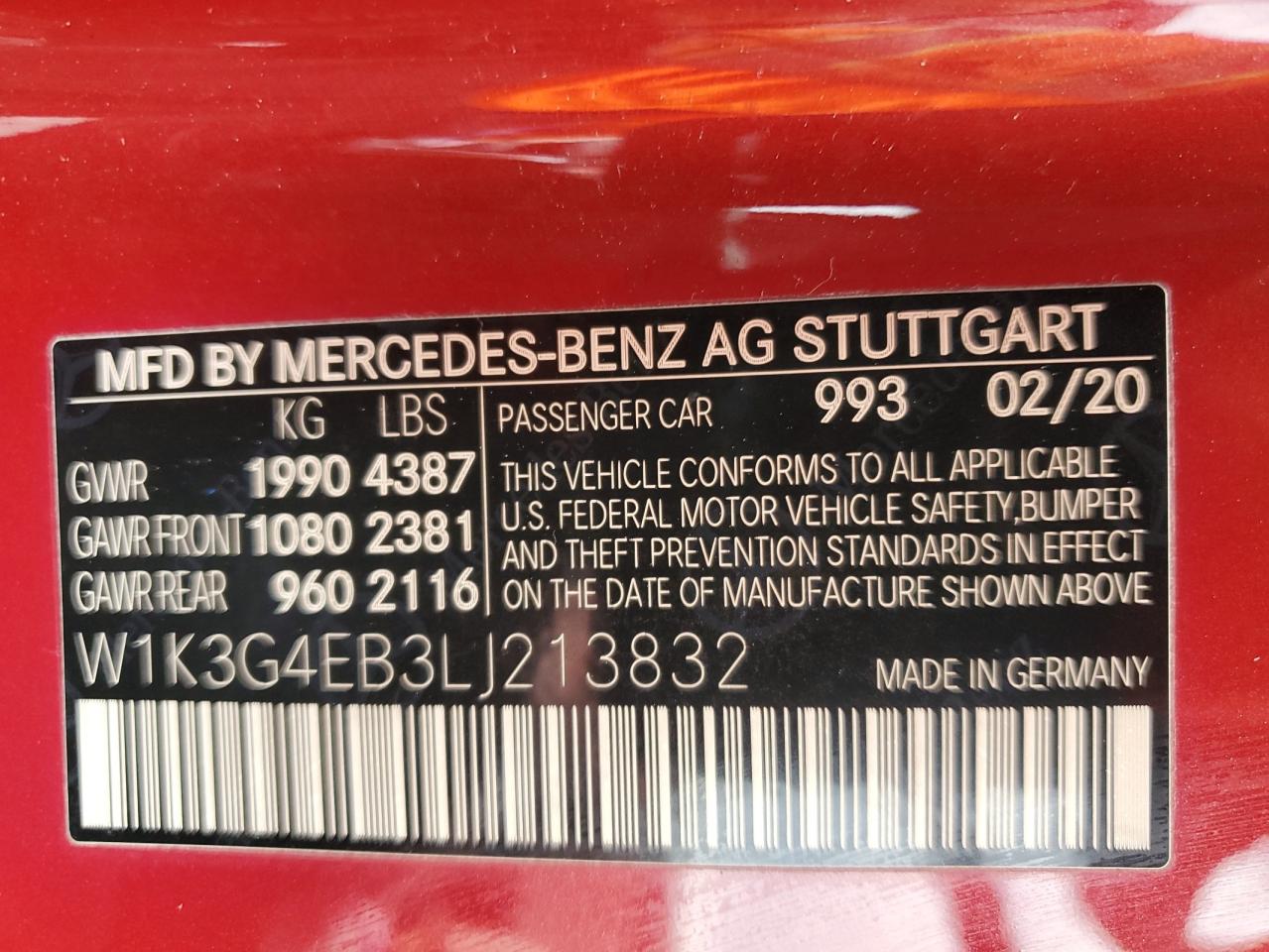 2020 Mercedes-Benz A 220 VIN: W1K3G4EB3LJ213832 Lot: 65318105