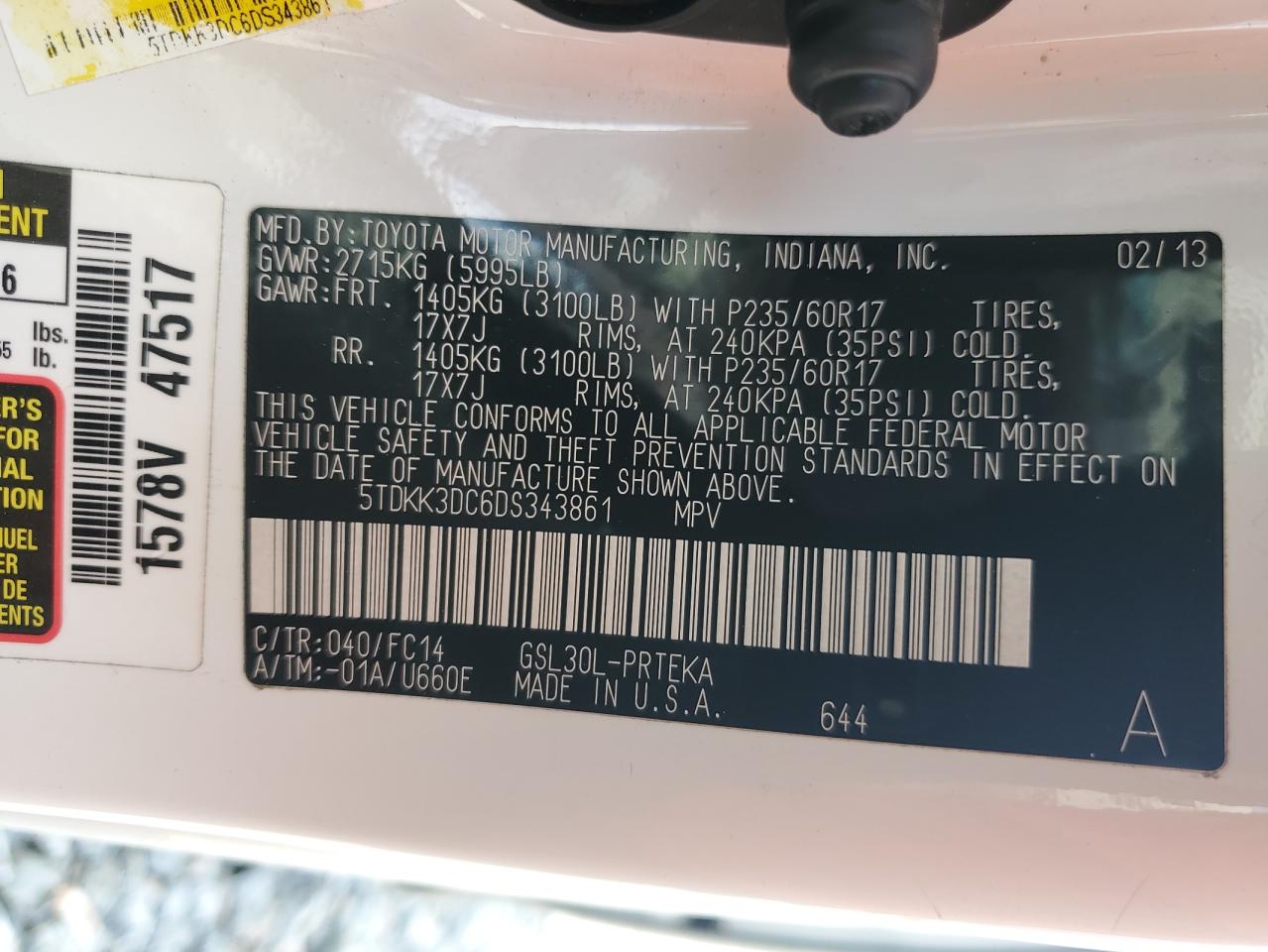2013 Toyota Sienna Le VIN: 5TDKK3DC6DS343861 Lot: 65711475
