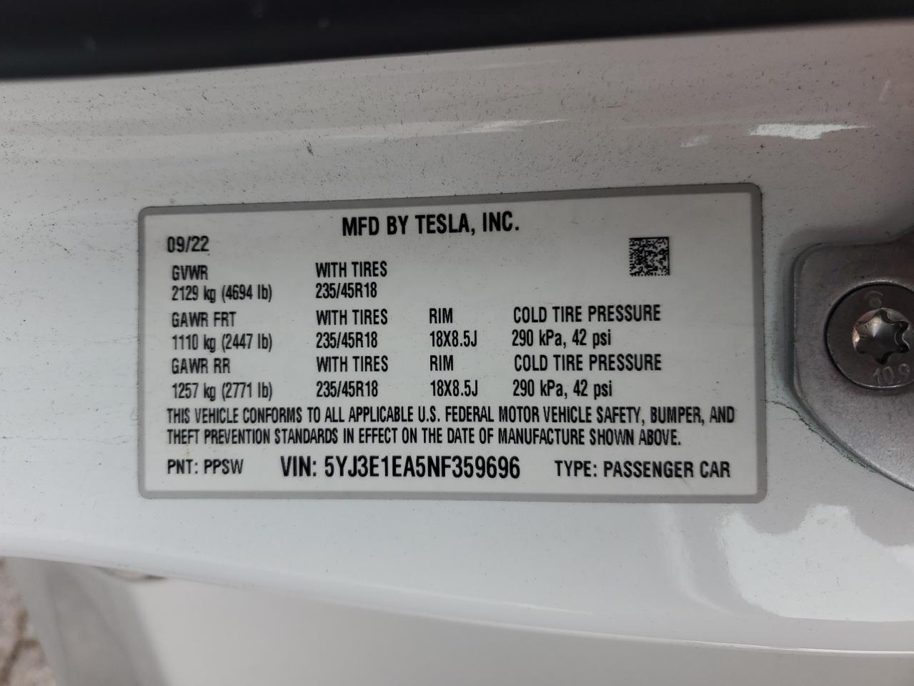 2022 Tesla Model 3 VIN: 5YJ3E1EA5NF359696 Lot: 65442195