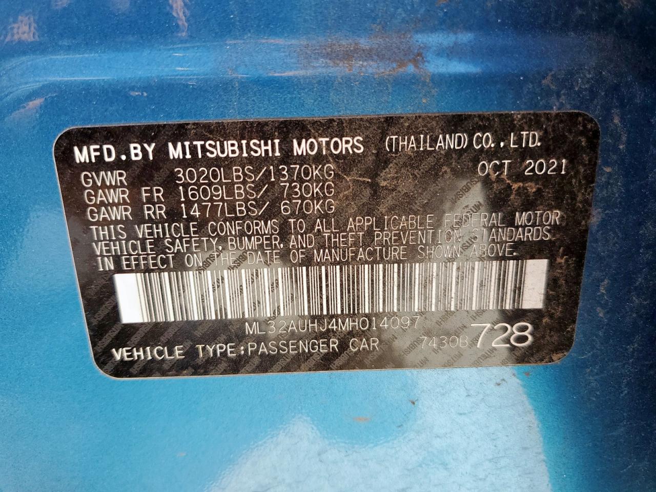 2021 Mitsubishi Mirage Es VIN: ML32AUHJ4MH014097 Lot: 66286225