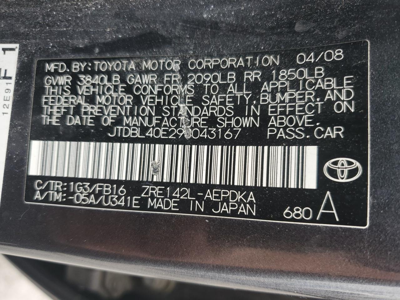 2009 Toyota Corolla Base VIN: JTDBL40E299043167 Lot: 64890905
