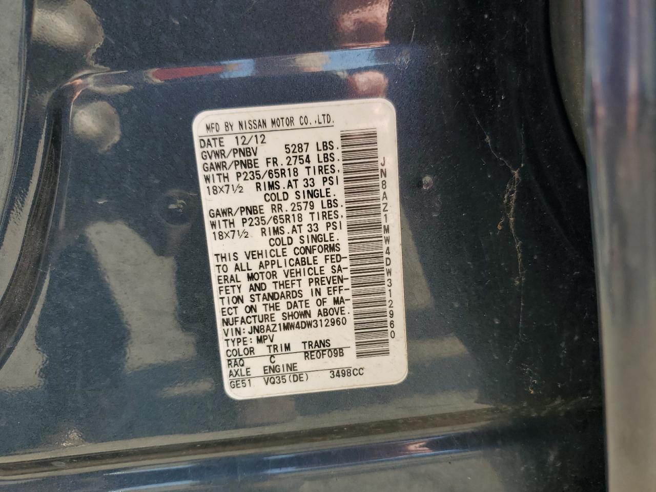 2013 Nissan Murano S VIN: JN8AZ1MW4DW312960 Lot: 62657655