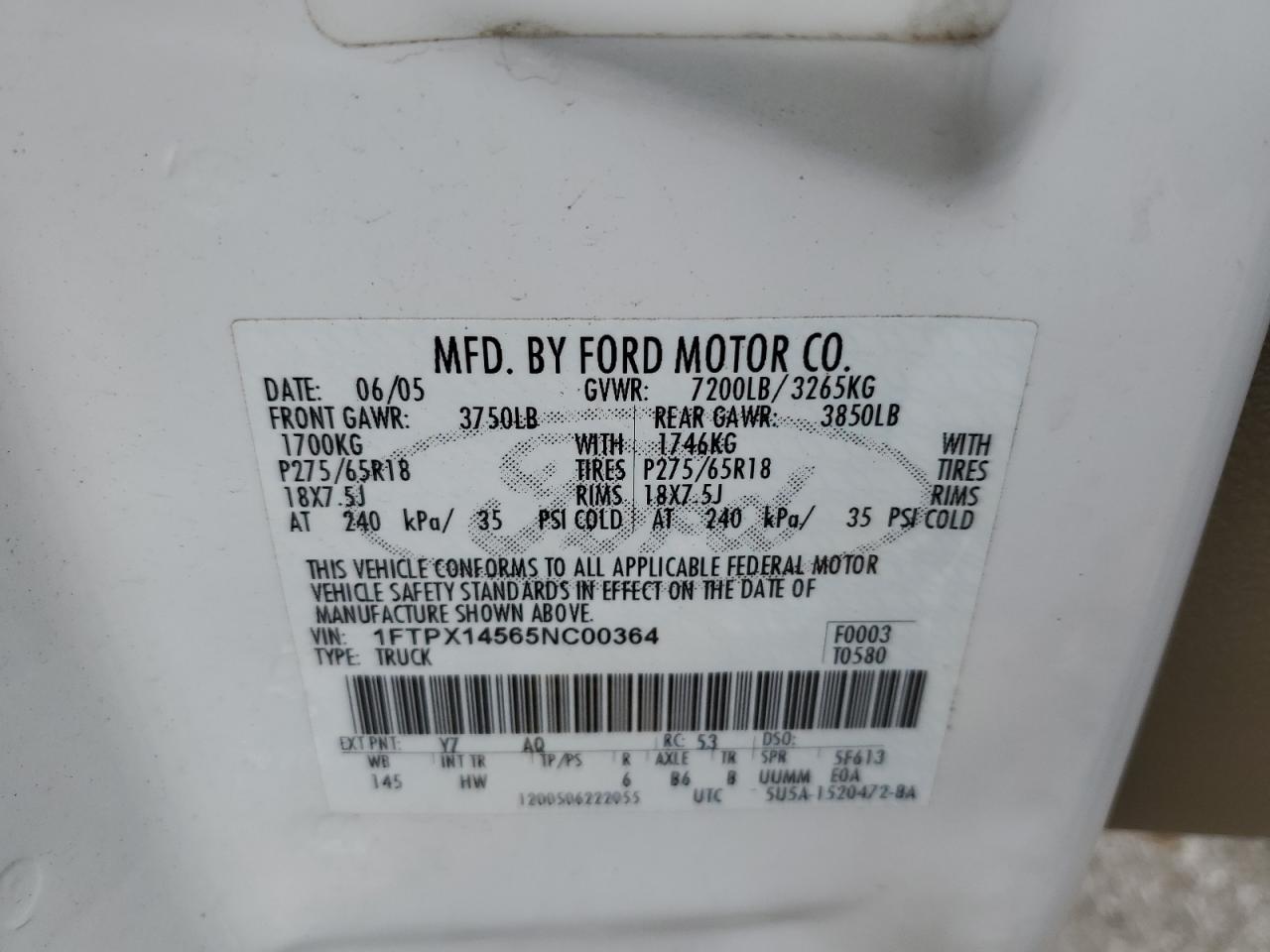 2005 Ford F150 VIN: 1FTPX14565NC00364 Lot: 64279395
