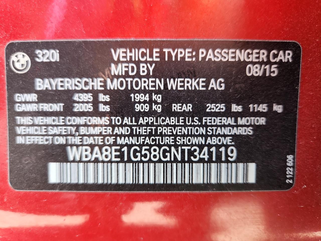 2016 BMW 320 I VIN: WBA8E1G58GNT34119 Lot: 64727995