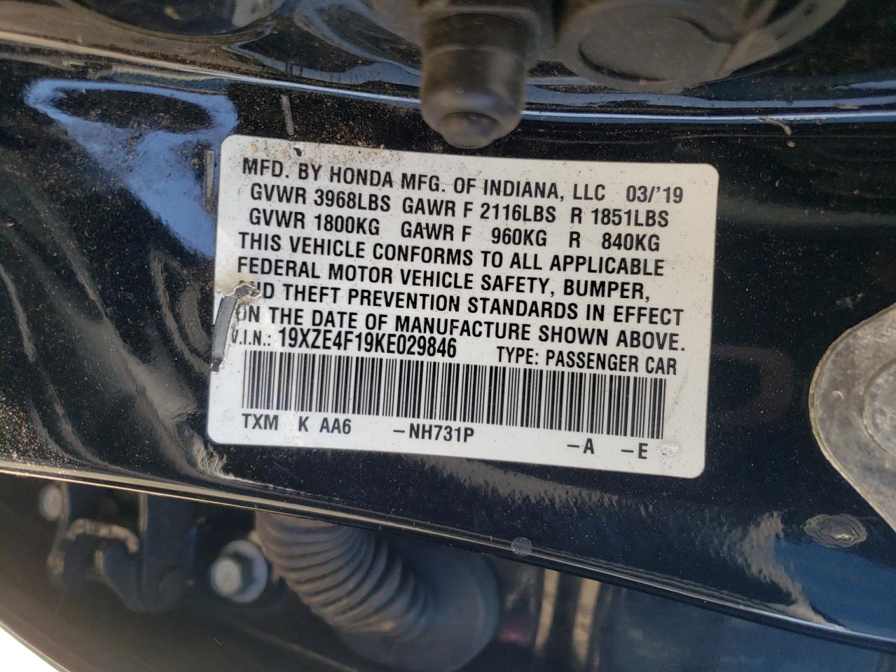 2019 Honda Insight Lx VIN: 19XZE4F19KE029846 Lot: 63349045