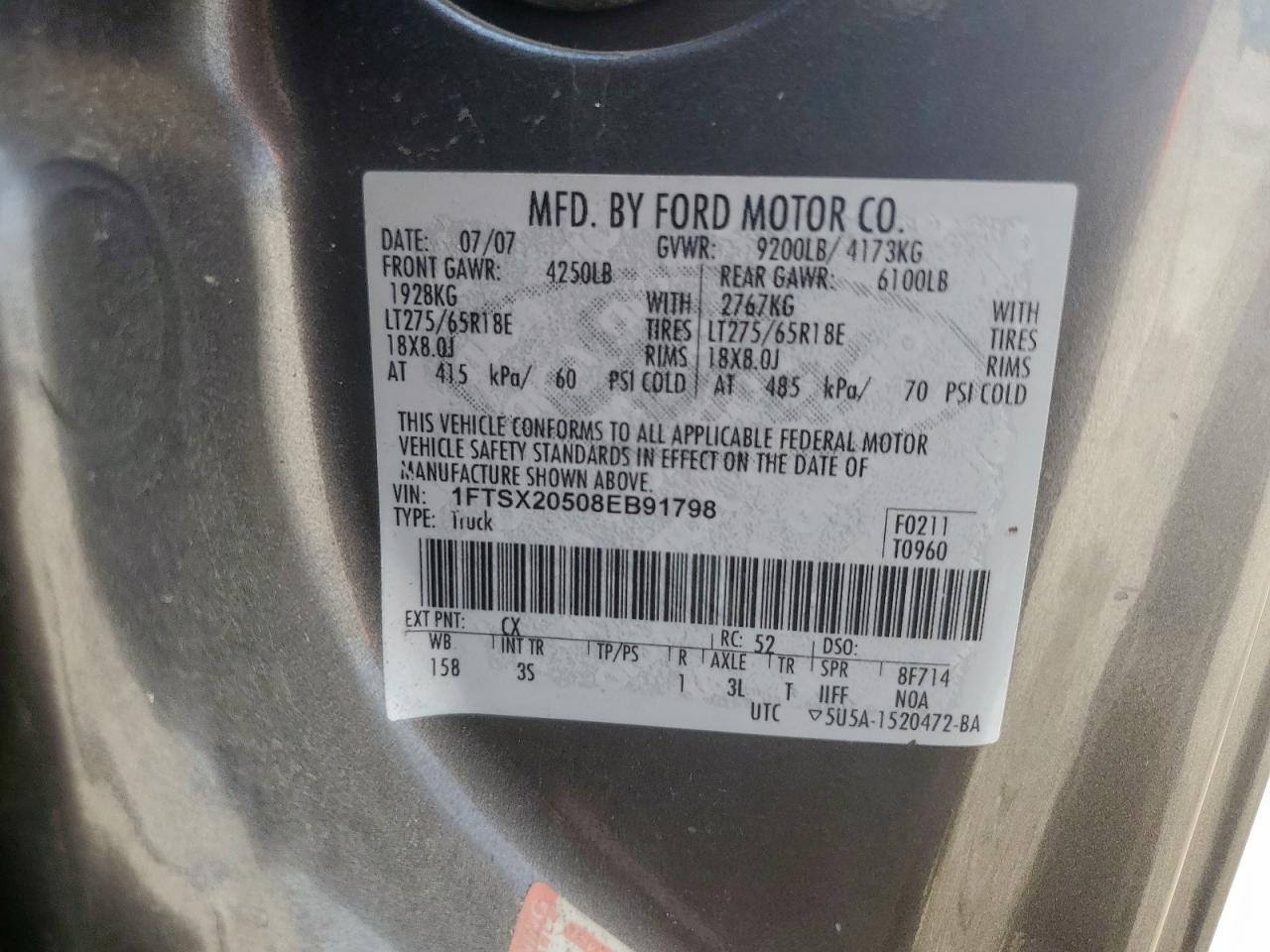 2008 Ford F250 Super Duty VIN: 1FTSX20508EB91798 Lot: 64664535