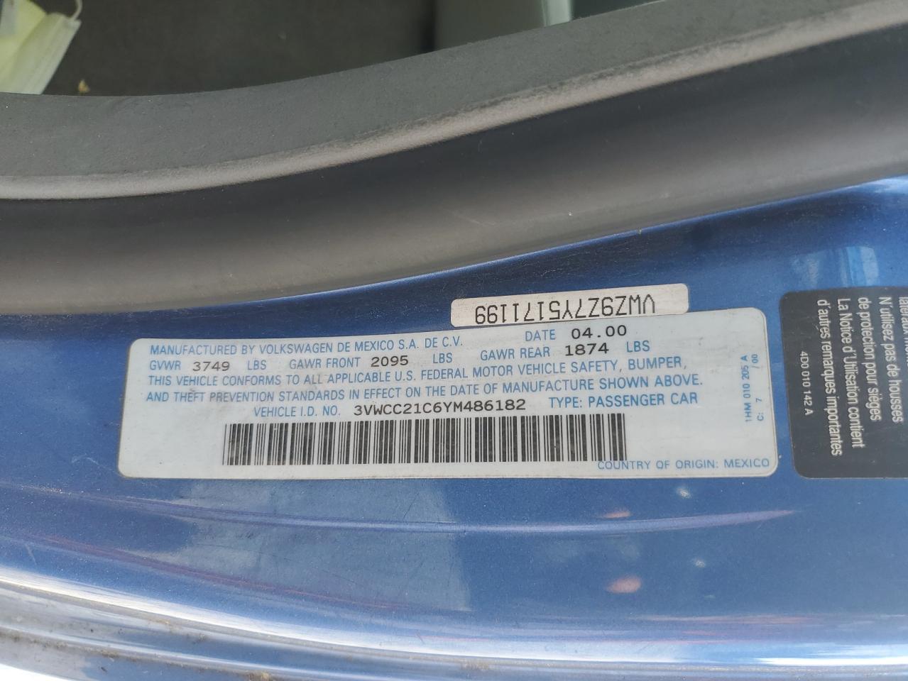 2000 Volkswagen New Beetle Gls VIN: 3VWCC21C6YM486182 Lot: 63204255