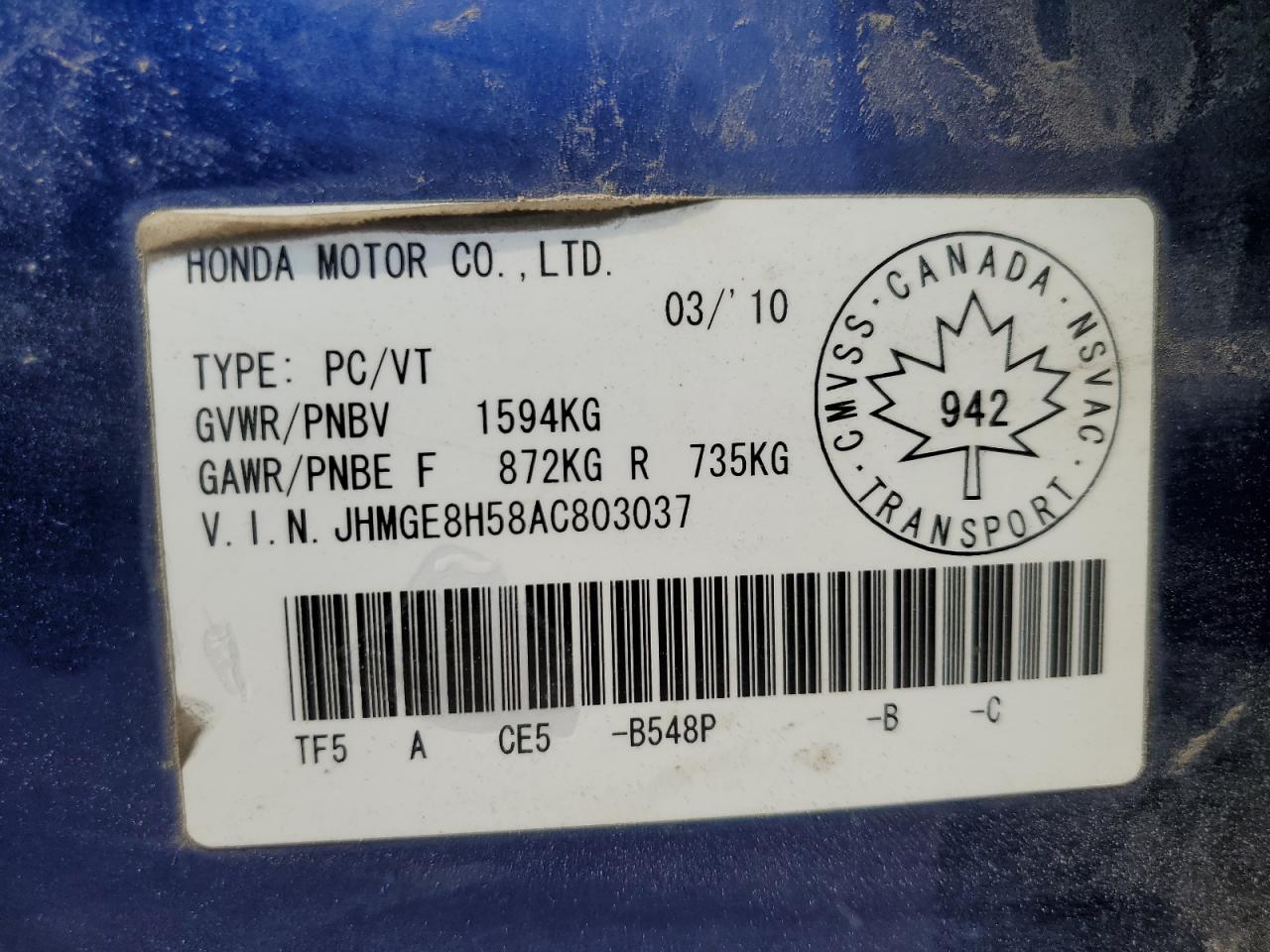2010 Honda Fit Lx VIN: JHMGE8H58AC803037 Lot: 64092015