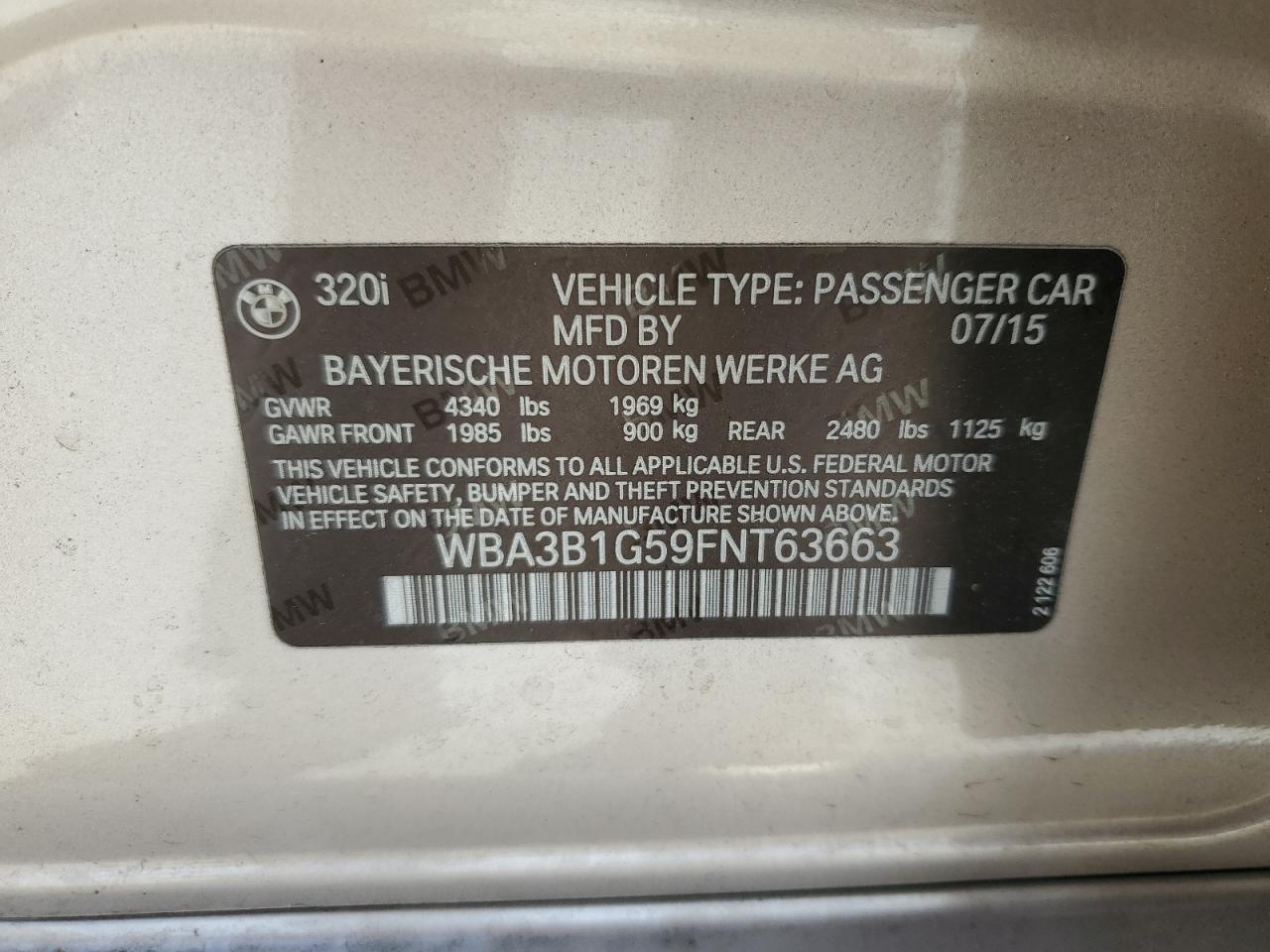 2015 BMW 320 I VIN: WBA3B1G59FNT63663 Lot: 66506675