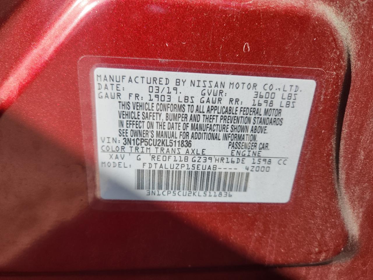 2019 Nissan Kicks S VIN: 3N1CP5CU2KL511636 Lot: 63137185