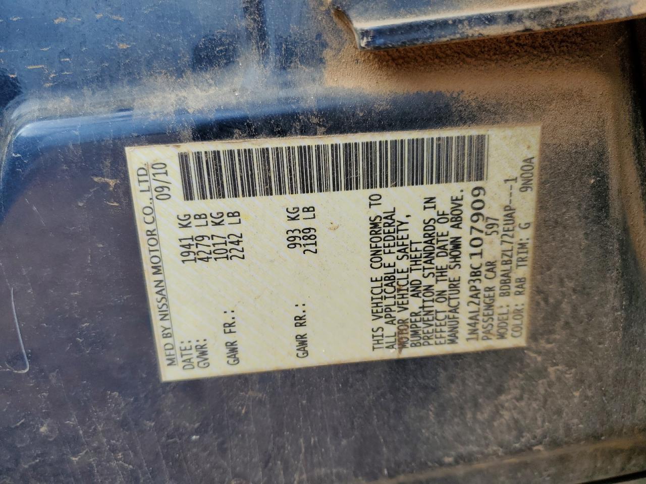 2011 Nissan Altima Base VIN: 1N4AL2AP3BC107909 Lot: 65329225