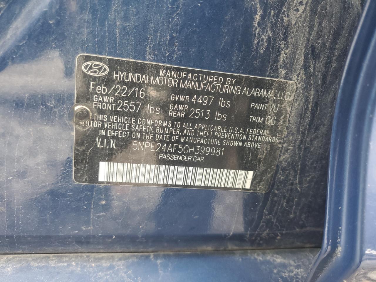 2016 Hyundai Sonata Se VIN: 5NPE24AF5GH399981 Lot: 63696905