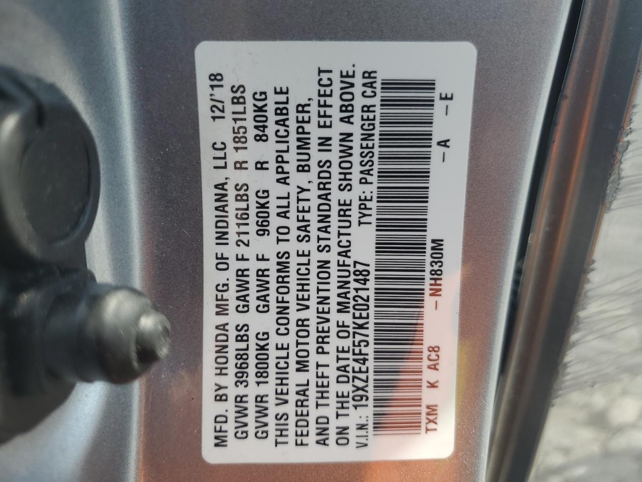 2019 Honda Insight Ex VIN: 19XZE4F57KE021487 Lot: 64603825