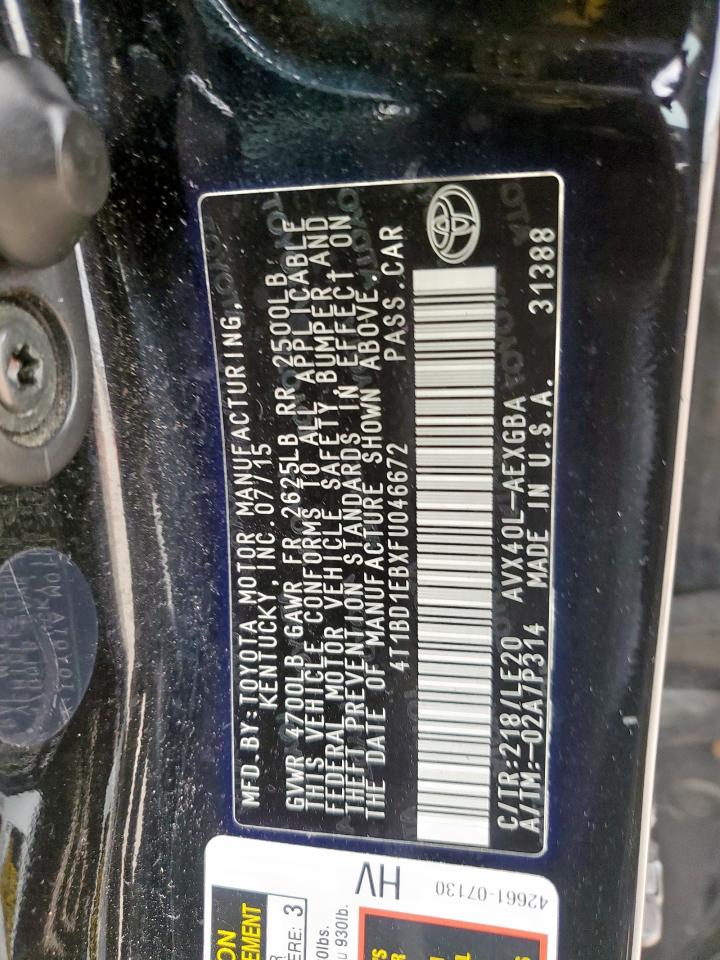 2015 Toyota Avalon Hybrid VIN: 4T1BD1EBXFU046672 Lot: 65414365