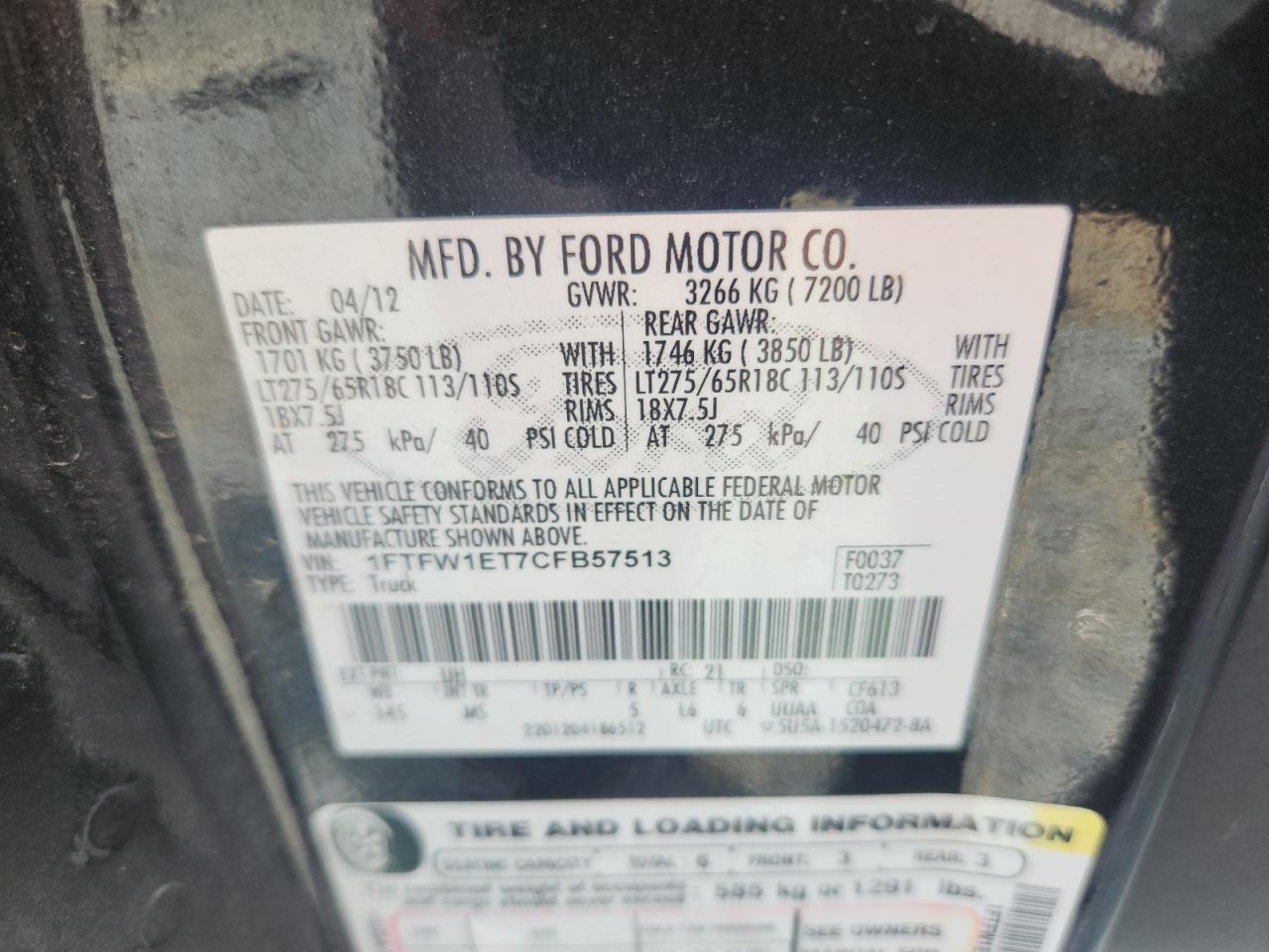 2012 Ford F150 Supercrew VIN: 1FTFW1ET7CFB57513 Lot: 66017875