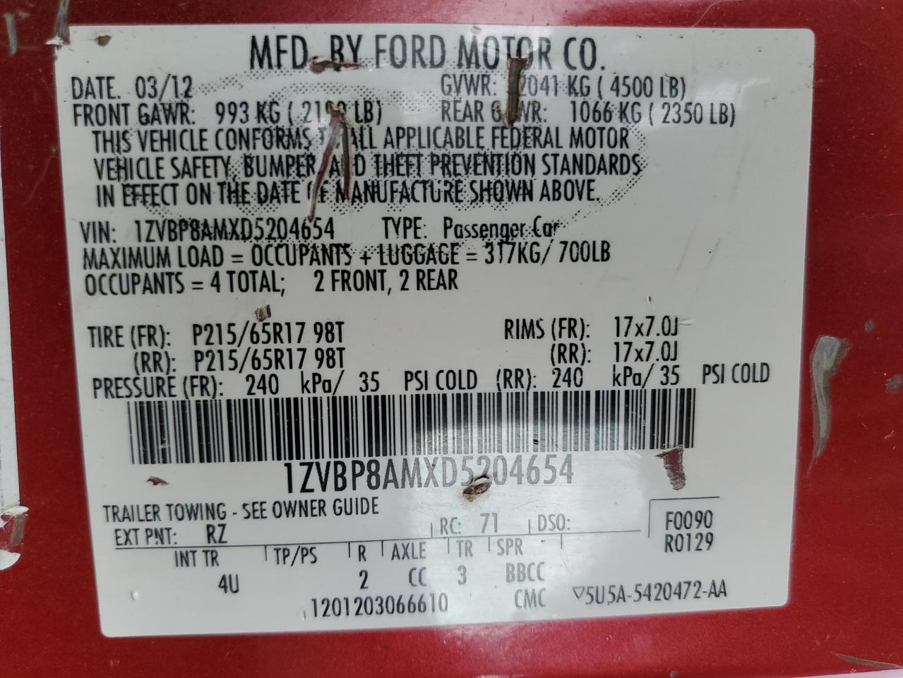 2013 Ford Mustang VIN: 1ZVBP8AMXD5204654 Lot: 64302305