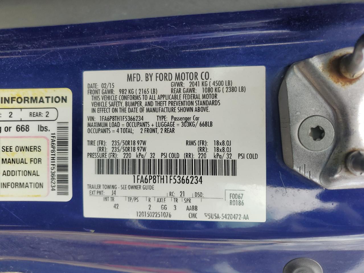 2015 Ford Mustang VIN: 1FA6P8TH1F5366234 Lot: 64058585