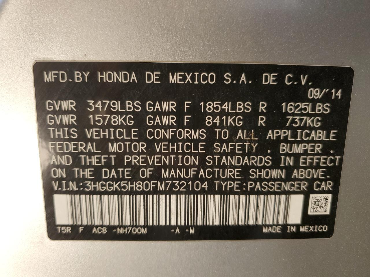 2015 Honda Fit Ex VIN: 3HGGK5H80FM732104 Lot: 65087635