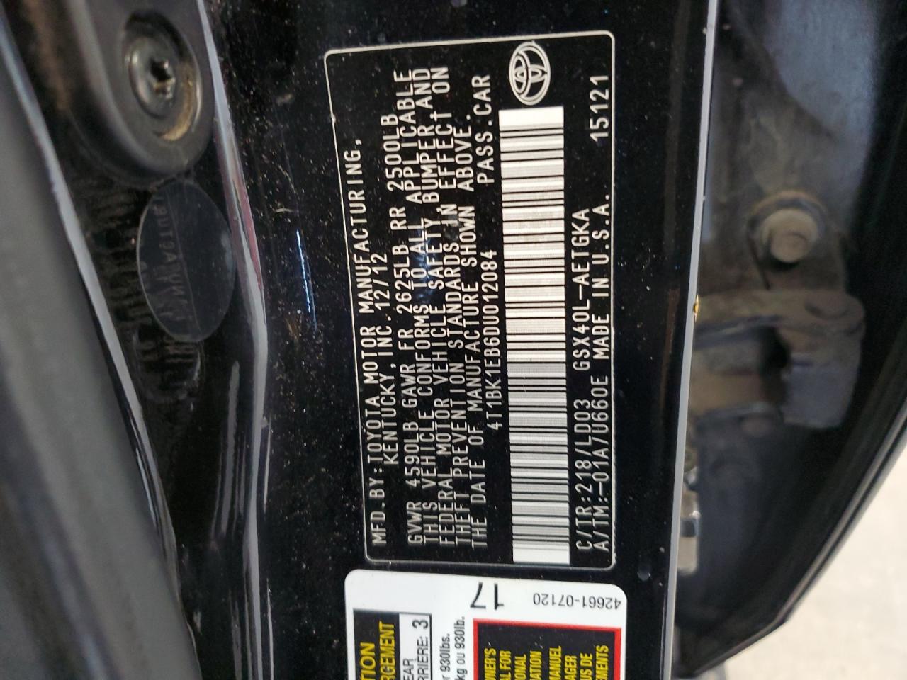 2013 Toyota Avalon Base VIN: 4T1BK1EB6DU012084 Lot: 64961295