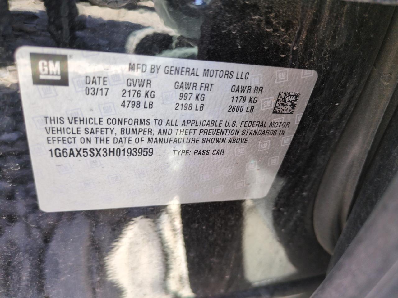 2017 Cadillac Cts Luxury VIN: 1G6AX5SX3H0193959 Lot: 63588615