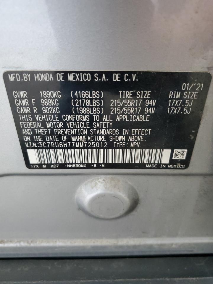2021 Honda Hr-V Exl VIN: 3CZRU6H77MM725012 Lot: 64302285