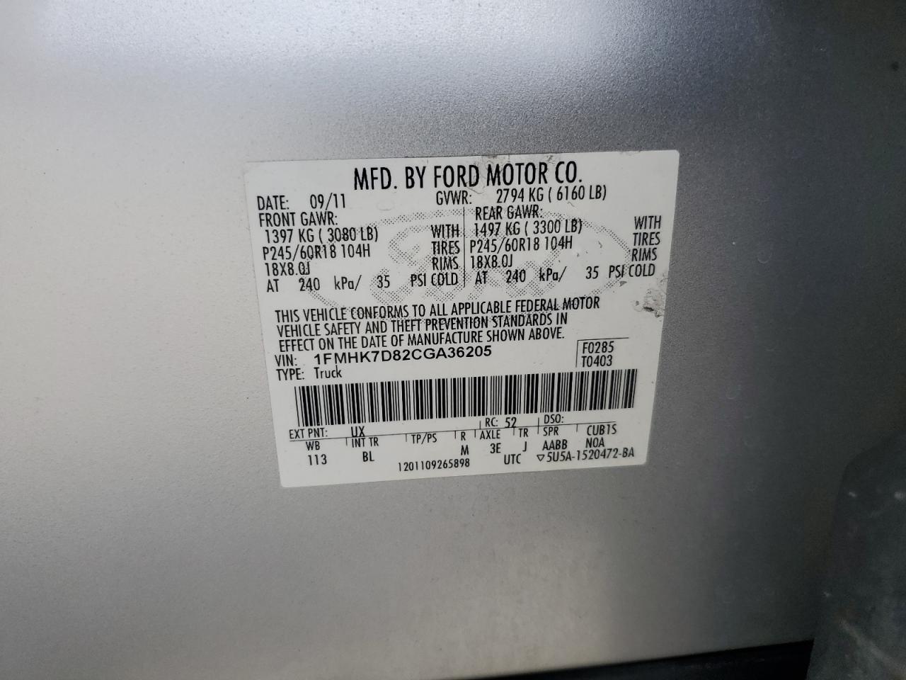2012 Ford Explorer Xlt VIN: 1FMHK7D82CGA36205 Lot: 64857395