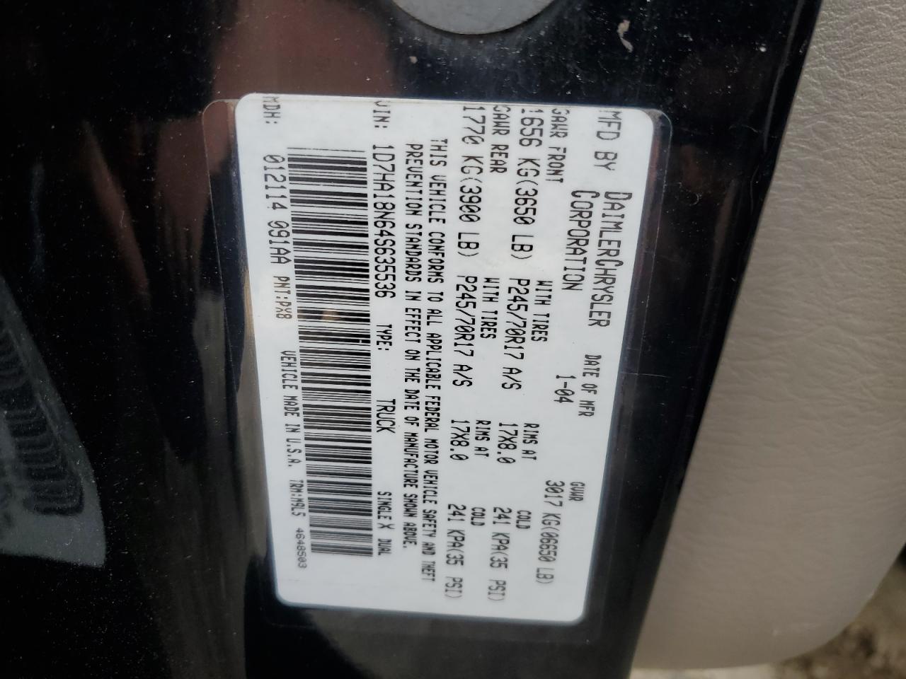 2004 Dodge Ram 1500 St VIN: 1D7HA18N64S635536 Lot: 66702505