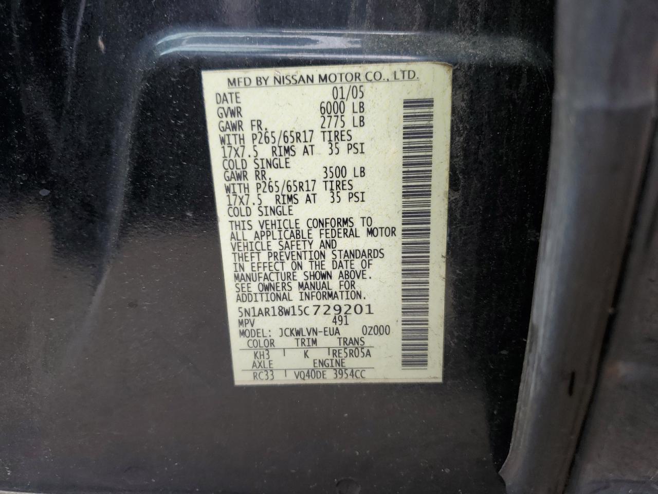 2005 Nissan Pathfinder Le VIN: 5N1AR18W15C729201 Lot: 62329755