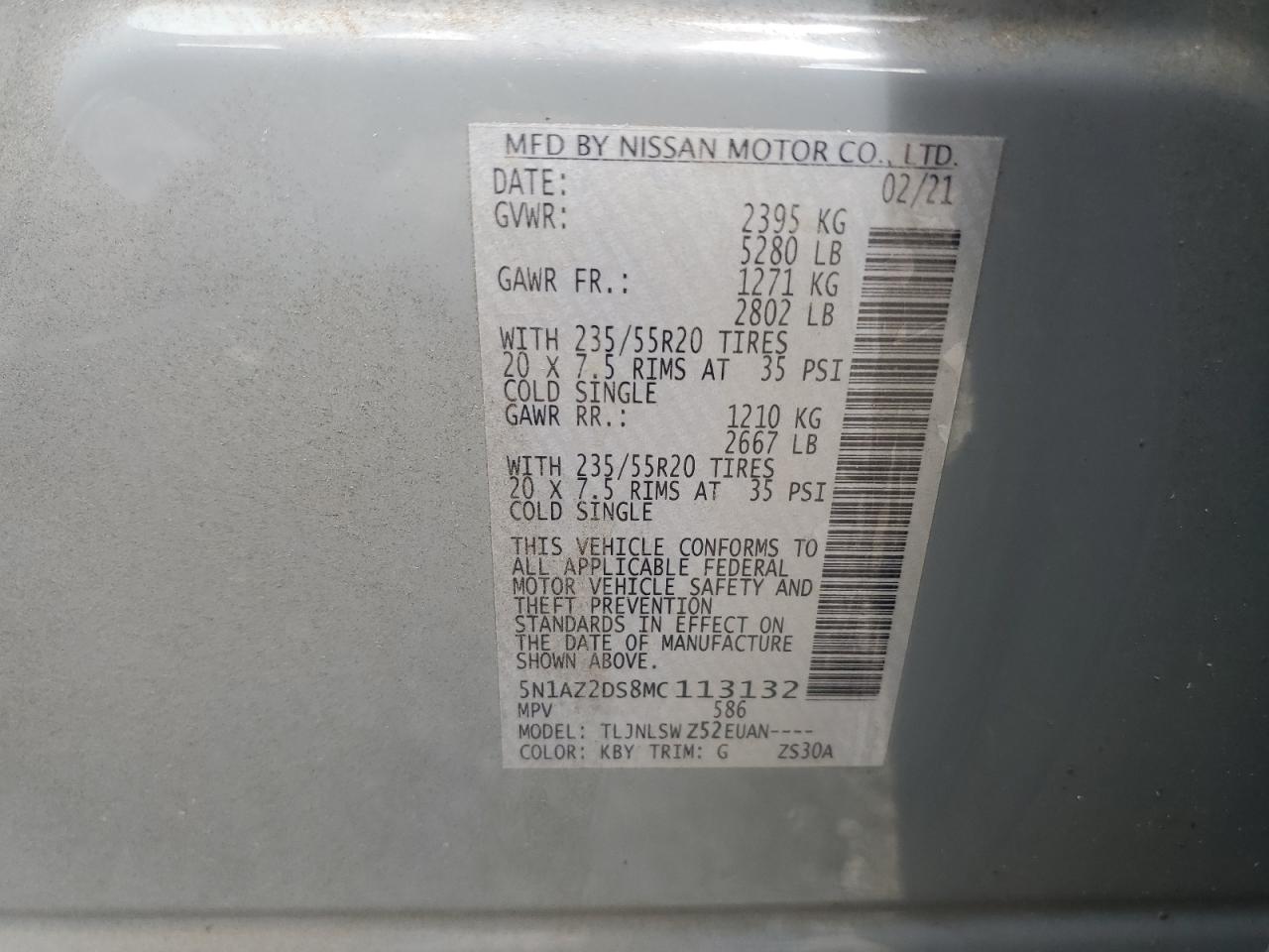 2021 Nissan Murano Platinum VIN: 5N1AZ2DS8MC113132 Lot: 63240845