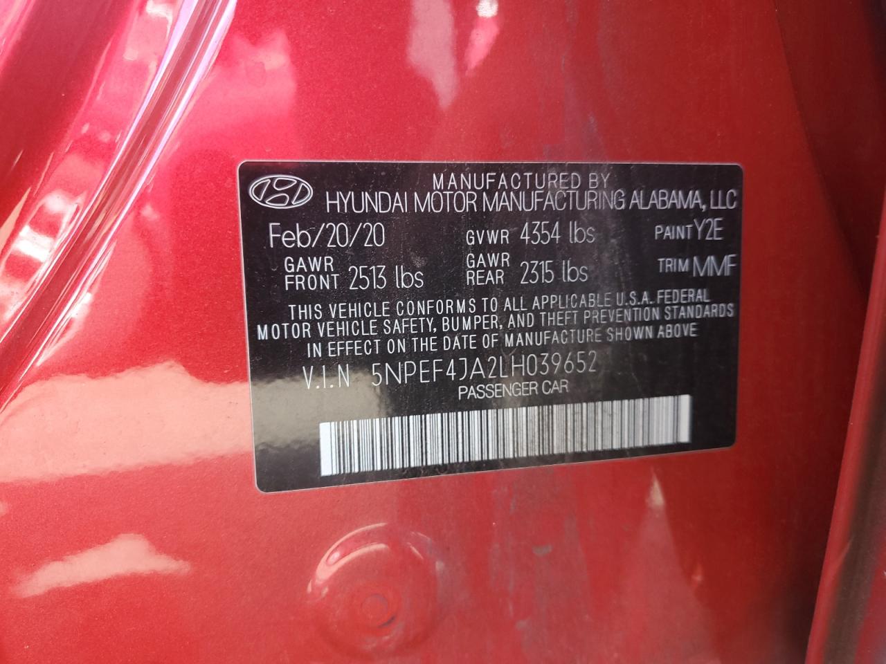 2020 Hyundai Sonata Sel VIN: 5NPEF4JA2LH039652 Lot: 64838185