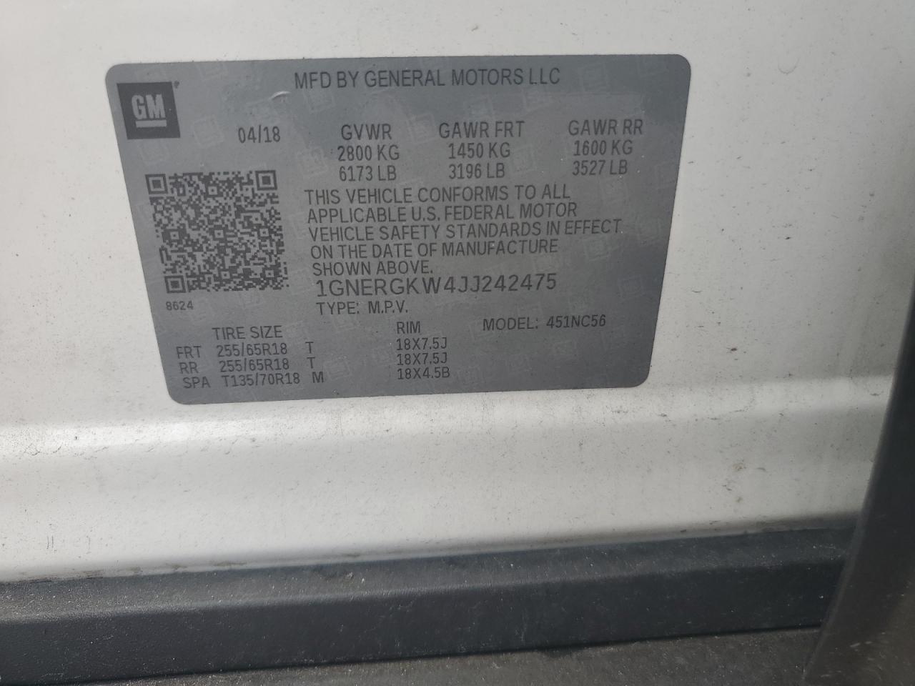 2018 Chevrolet Traverse Lt VIN: 1GNERGKW4JJ242475 Lot: 64024425