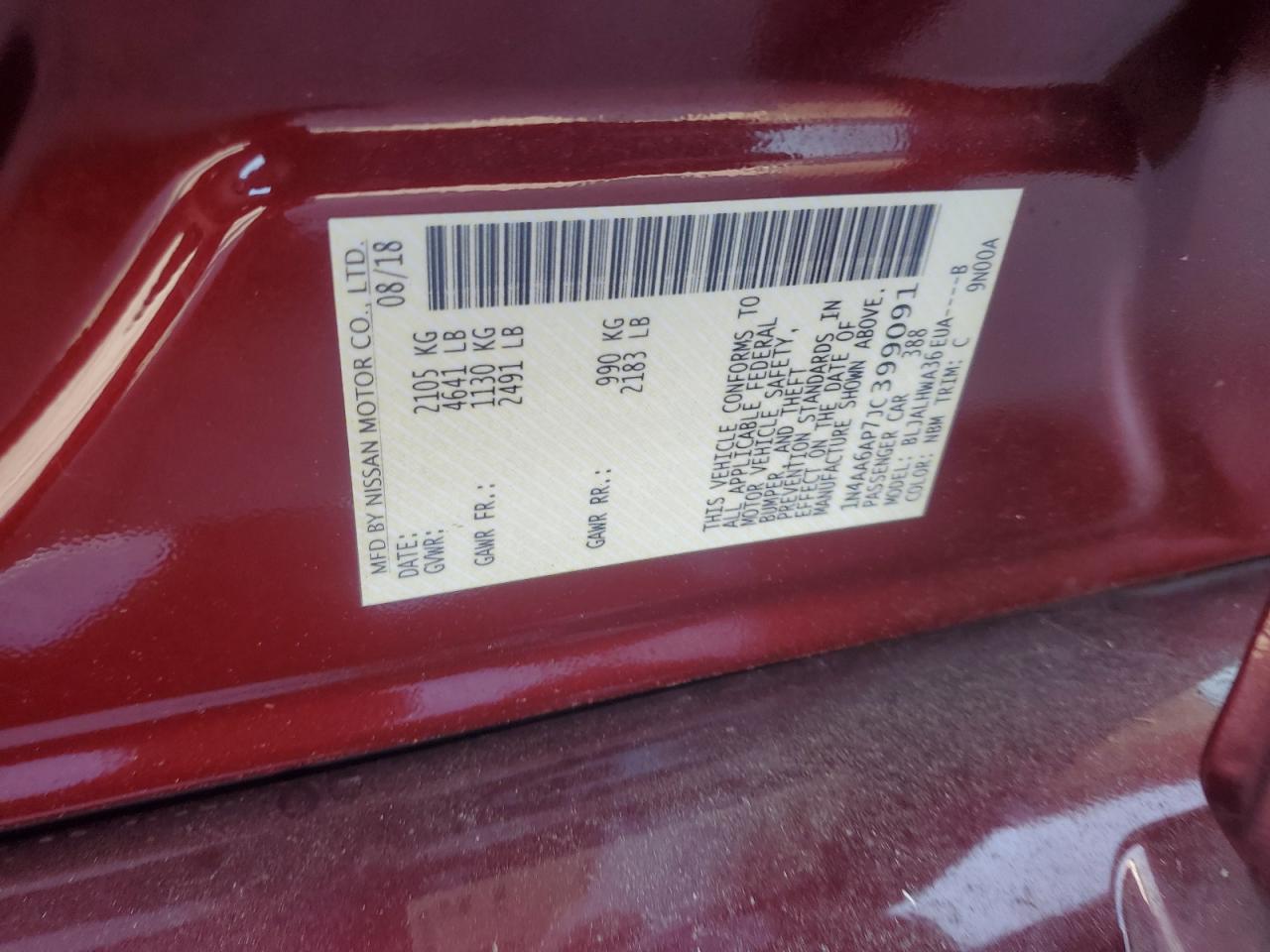 2018 Nissan Maxima 3.5S VIN: 1N4AA6AP7JC399091 Lot: 65936005