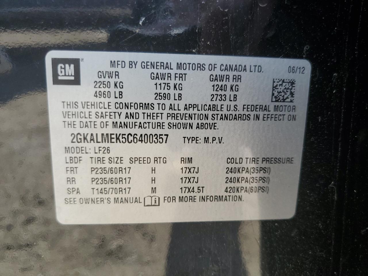 2012 GMC Terrain Sle VIN: 2GKALMEK5C6400357 Lot: 63252345