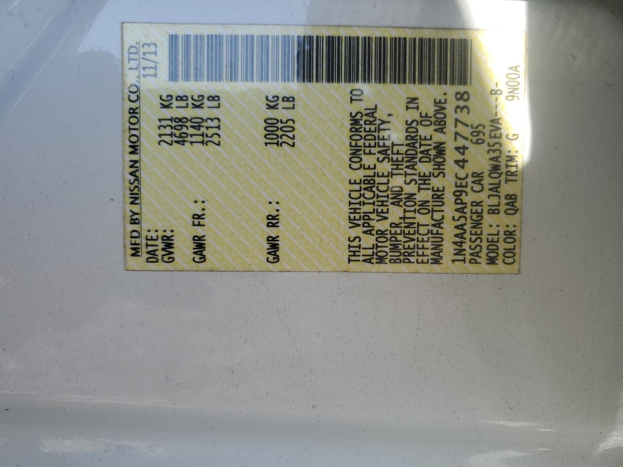 2014 Nissan Maxima S VIN: 1N4AA5AP9EC447738 Lot: 64014035