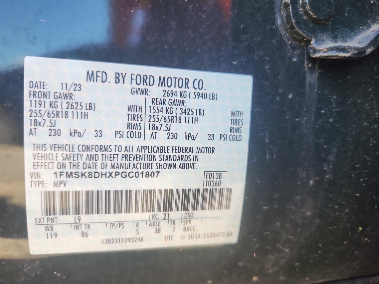 2023 Ford Explorer Xlt VIN: 1FMSK8DHXPGC01807 Lot: 63300005