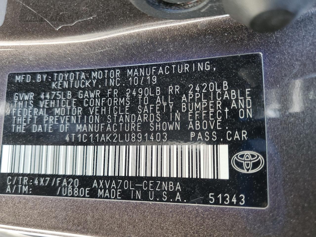 2020 Toyota Camry Le VIN: 4T1C11AK2LU891403 Lot: 65457725