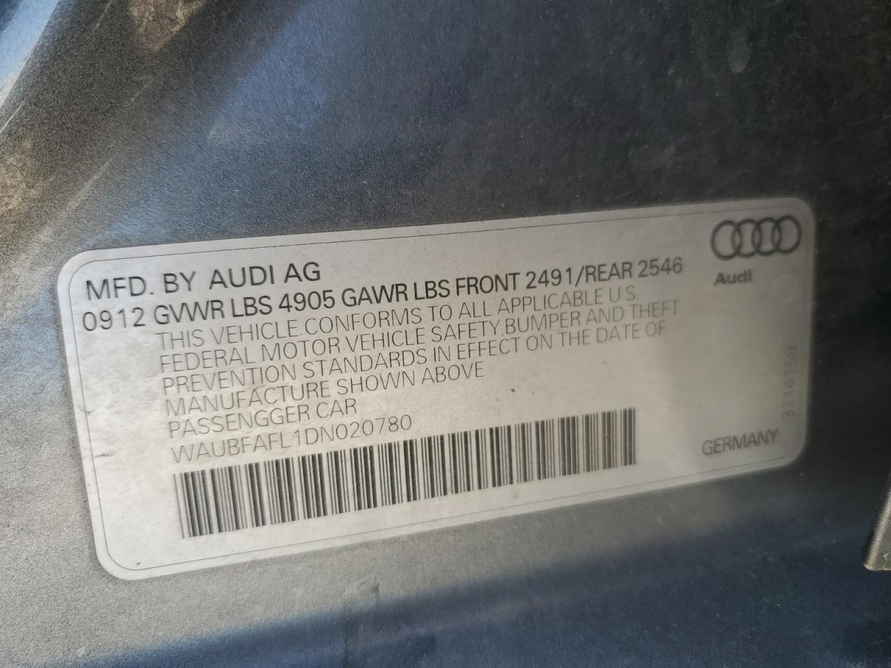 2013 Audi A4 Premium VIN: WAUBFAFL1DN020780 Lot: 64424955
