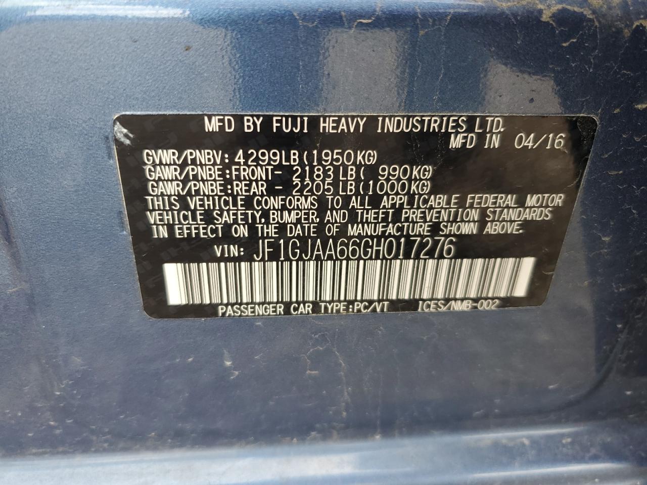 2016 Subaru Impreza VIN: JF1GJAA66GH017276 Lot: 65451595