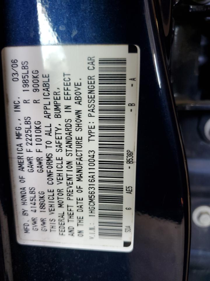 2006 Honda Accord Se VIN: 1HGCM56316A110043 Lot: 63999645