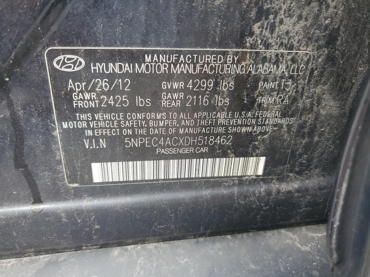 2013 Hyundai Sonata Se VIN: 5NPEC4ACXDH518462 Lot: 64443325