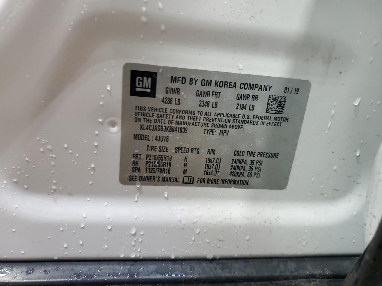 2019 Buick Encore Preferred VIN: KL4CJASB0KB841039 Lot: 65486975
