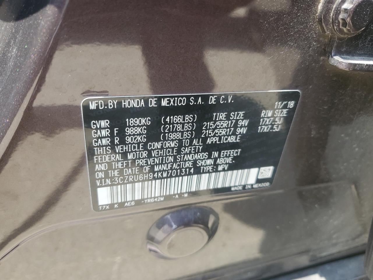 2019 Honda Hr-V Touring VIN: 3CZRU6H94KM701314 Lot: 64547115